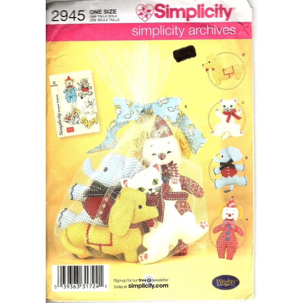 Simplicity 2945 Decorative Stuffed Toys and Bag Uncut Sewing Pattern
